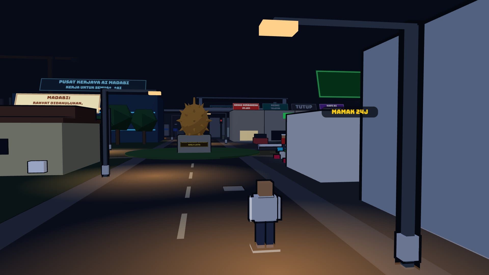Title screen: Ijat from behind under a streetlight, on the road to the Durian Gangsa roundabout at night.